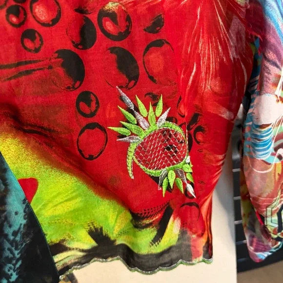 Vintage STERLING STYLES One Size Green Orange  Red Gold kimono Jacket Art Silk - Picture 7 of 8